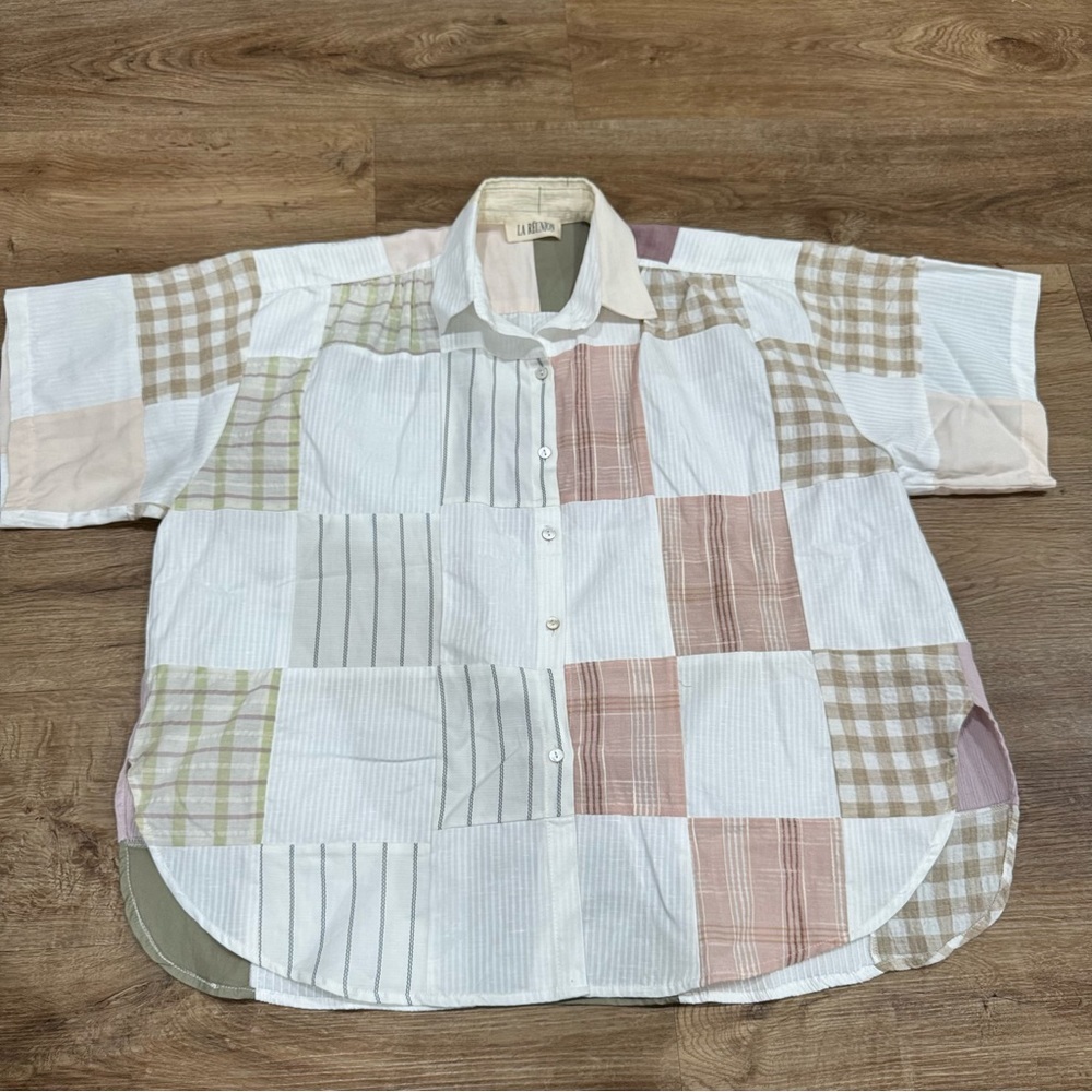 LA RÉUNION Patchwork Crossover Shirt Women's Oversized Boxy Summer‎ Boho - Picture 3 of 8